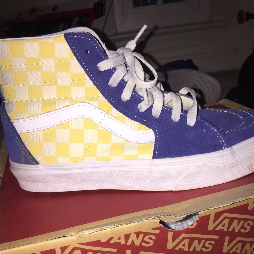 blue and yellow high top vans